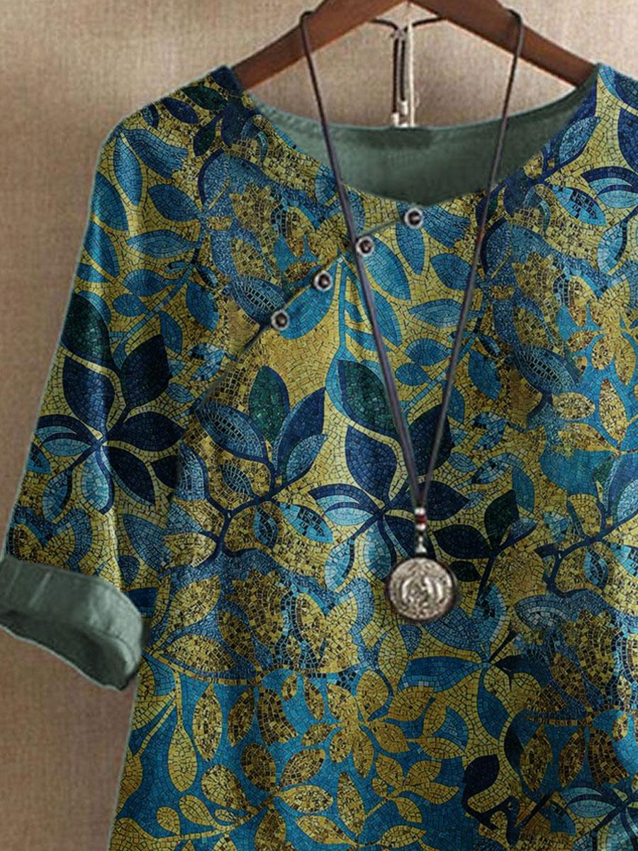Round Neck Bronzing Leaf Print Casual Blouse
