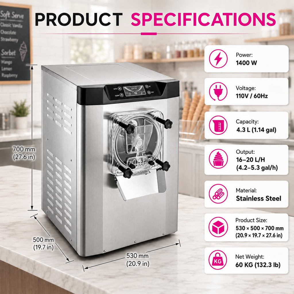 Commercial Ice Cream Machine, Hard Serve, 1400W, 16-20 L/H | Countertop 4.3L 304  Steel Cylinder LED Screen for Cafés, Restaurants, Snack Bars and Dessert Shops