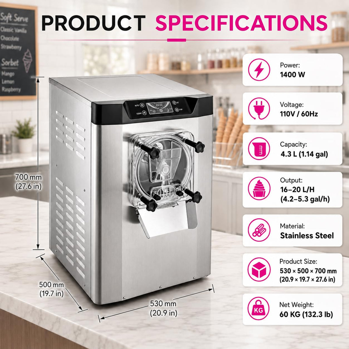 Commercial Ice Cream Machine, Hard Serve, 1400W, 16-20 L/H | Countertop 4.3L 304  Steel Cylinder LED Screen for Cafés, Restaurants, Snack Bars and Dessert Shops