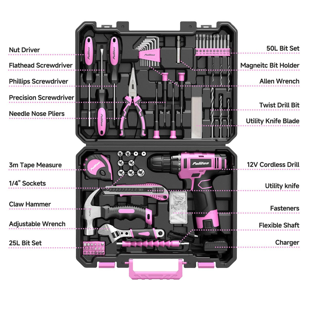 Drill Set, 149-Piece Home Tool Set with 12V Pink Cordless Drill, Tool Box, Hand Tool Kits for Women & Men and DIY Enthusiasts, for Home Improvement