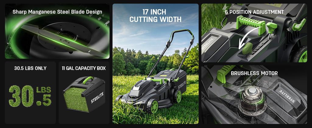 40V 17 Inch Electric Lawn Mower Cordless, Brushless Motor, 6-Position Height Adjustment, 2-in-1 Bagging &amp; Mulching, Includes 2 x 4.0Ah Batteries and Battery Charger