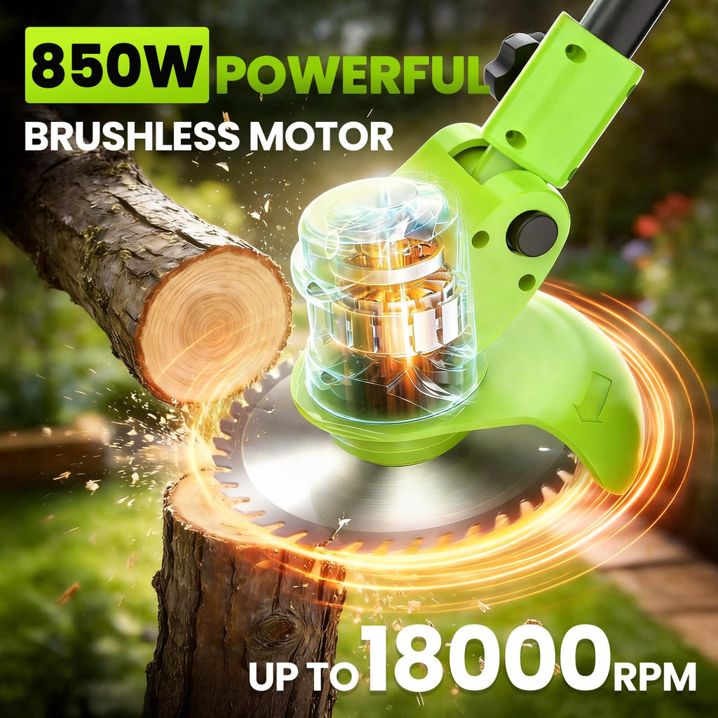 Weed Wacker Battery Powered with Wheel, Electric Weed Eater Cordless Brush Cutter String Trimmer, 4000mAh Stringless Weed Trimmer Lightweight Grass Trimmer Mower, 2 Battery and Charegr