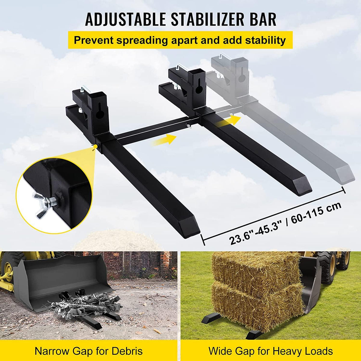 mophorn pallet forks 58.7" 4000 lbs max, clamp on tractor bucket forks with adjustable stabilizer bar, heavy duty front loader forks, fork attachment for skid steer,loader bucket
