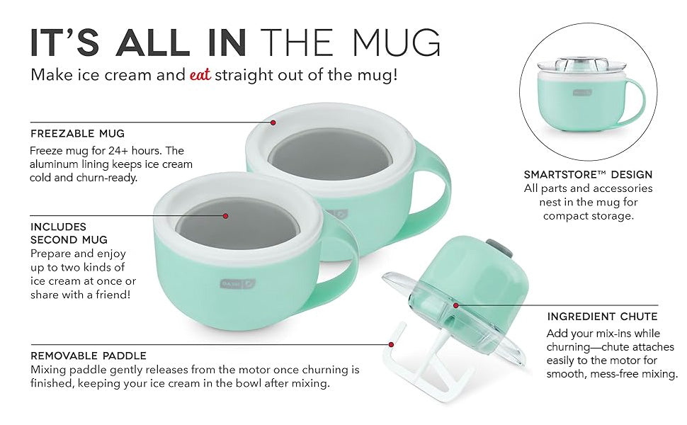 My Mug Ice Cream Maker 2 Pack Bundle | Electric Countertop Soft Serve Ice Cream Machine, 2 Single Serve Half-Pint Freezer Mugs with Ingredient Chute & Recipe Guide, Compact, Aqua