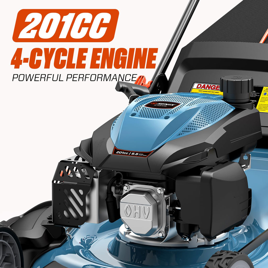 22 Inch 3-in-1 Gas Lawn Mower, 201cc Rear Wheel Single Speed Self-Propelled Mower, 4-Cycle Engine, Steel Deck, Mulching, Bagging, Discharging, 6-Position Cutting Height Adjustable, for Yard