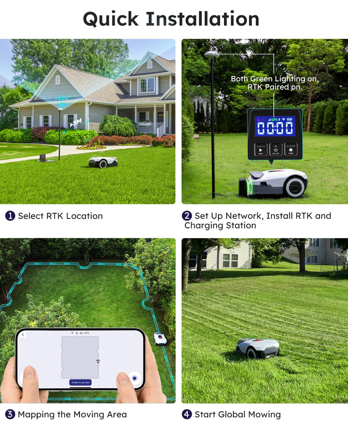 Robot Lawn Mower NO Wire - 0.5 Acre, Full Band RTK+4-Eye Vision Robotic Lawnmower, Automatic Mapping, 20 Multi-Zone Management, Accurate Obstacle Avoidance, Intelligent Anti-Theft, APP Control