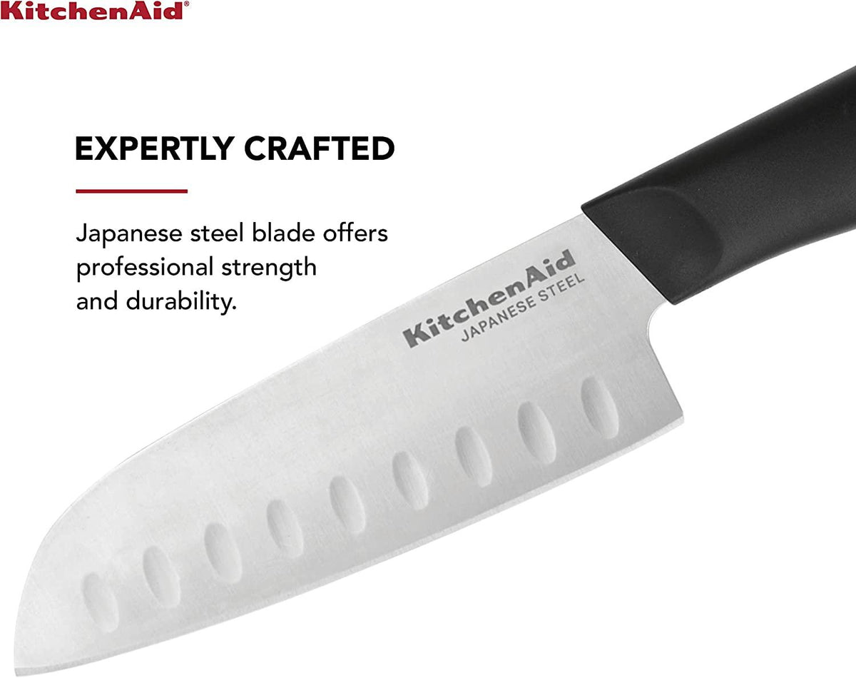 KitchenAid Classic Santoku Knife with Custom-Fit Blade Cover, 5-inch, Sharp Kitchen Knife, High-Carbon Japanese Stainless Steel Blade, Black