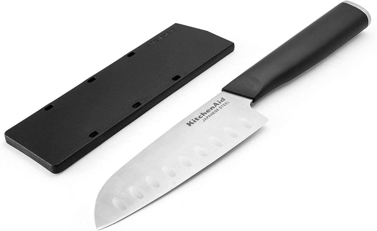 KitchenAid Classic Santoku Knife with Custom-Fit Blade Cover, 5-inch, Sharp Kitchen Knife, High-Carbon Japanese Stainless Steel Blade, Black