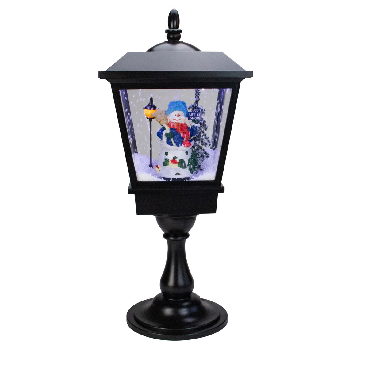 25" Snowman With a Broom and Toys Snowing Black Christmas Street Lamp