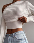 one shoulder long sleeve crop sweater