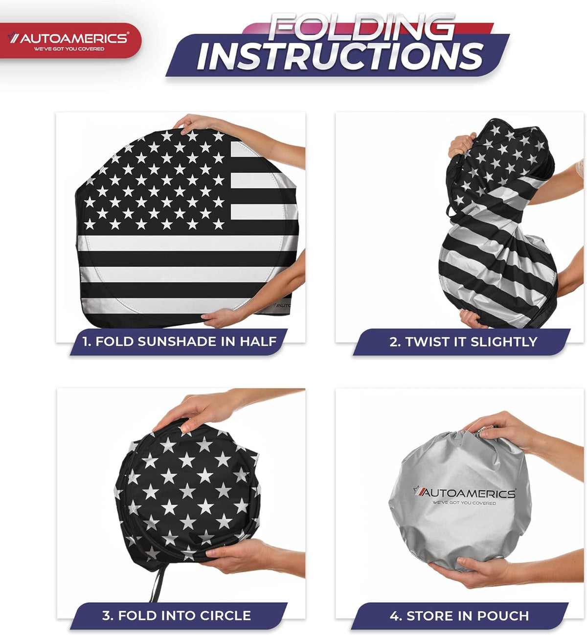 Autoamerics 1-Piece Windshield Sun Shade B&amp;W American Flag USA Patriotic  - Foldable Car Front Window Sunshade for Most Sedans SUV Truck - Blocks Max UV Rays and Keeps Your Vehicle Cool - Medium