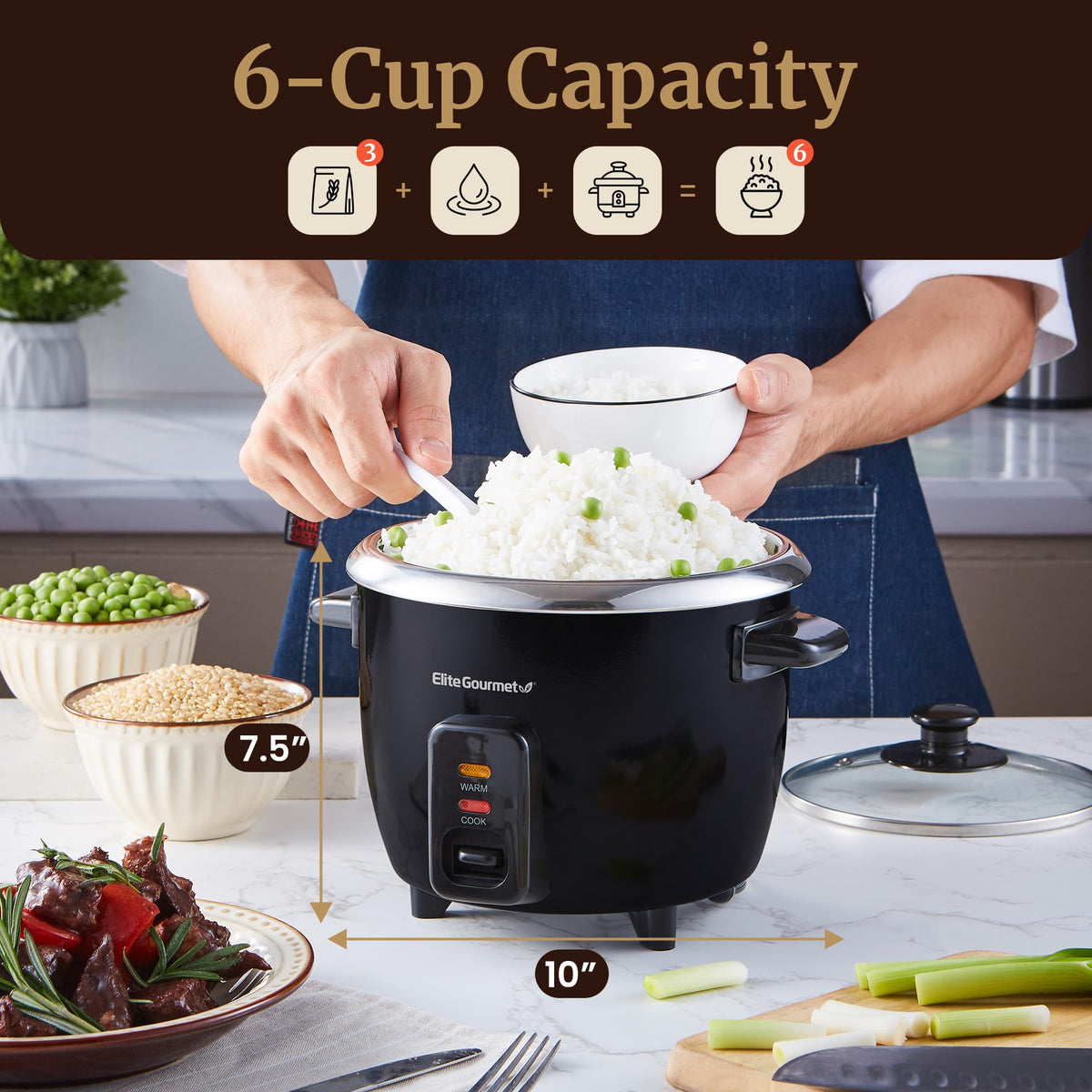 ERC006SS 6-Cup Electric Rice Cooker with  Steel Inner Pot, Makes Soups, Stews, Porridges, Grains and Cereals, 6 cup (3 cups uncooked), Black
