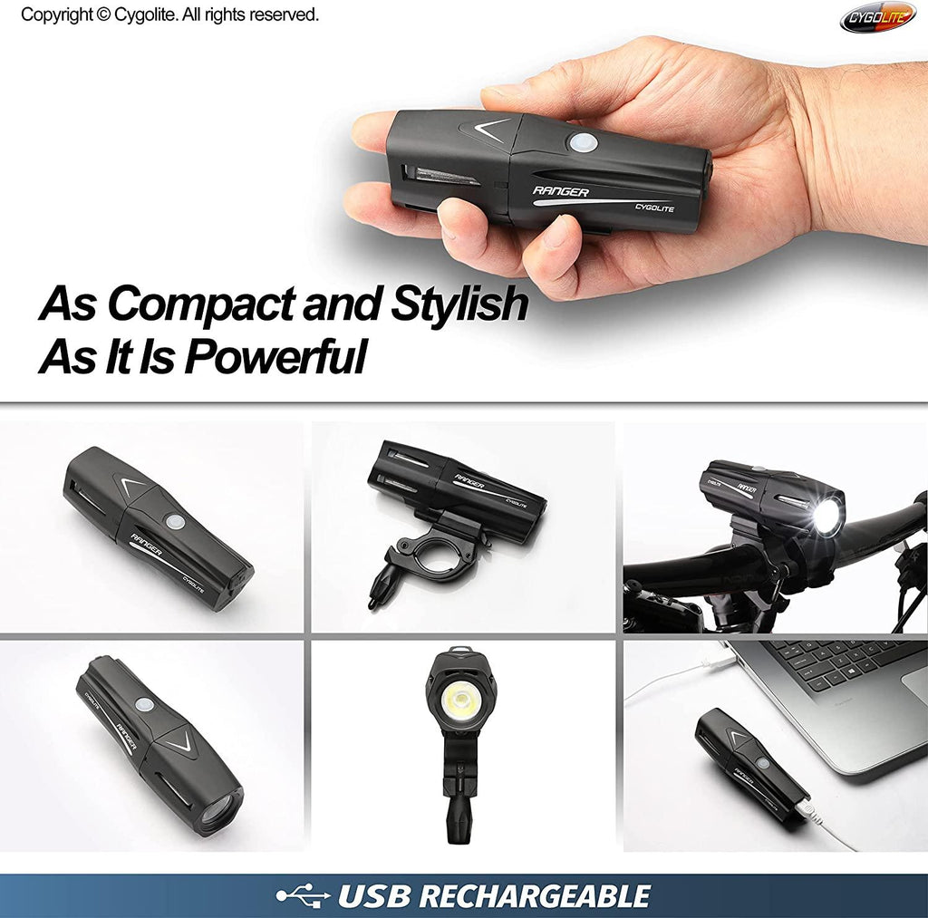 Cygolite Ranger – 1,400 Lumen Bike Light – 5 Night & 3 Daytime Modes – Compact & Durable – IP67 Waterproof – Secured Hard Mount – USB Rechargeable Headlight – for Road, Mountain, Commuter Bicycles