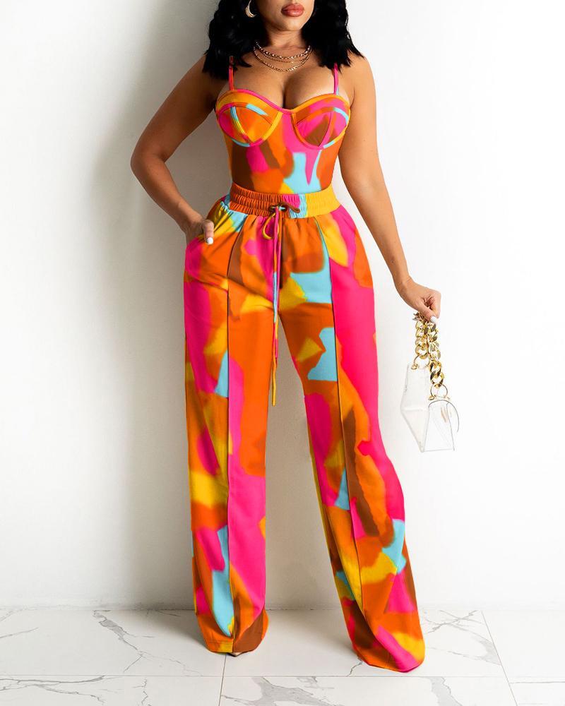 colorblock zipper back cami top &amp; wide legs contrast pipping pants set