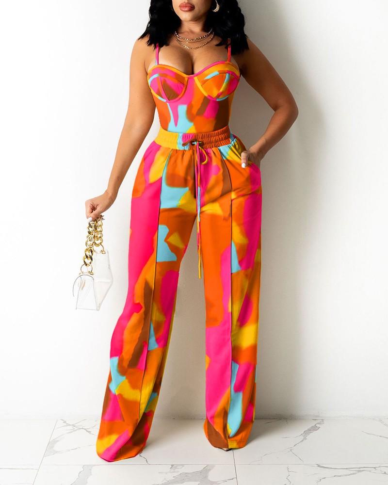 colorblock zipper back cami top &amp; wide legs contrast pipping pants set