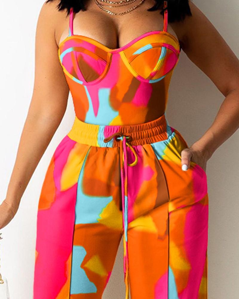 colorblock zipper back cami top &amp; wide legs contrast pipping pants set