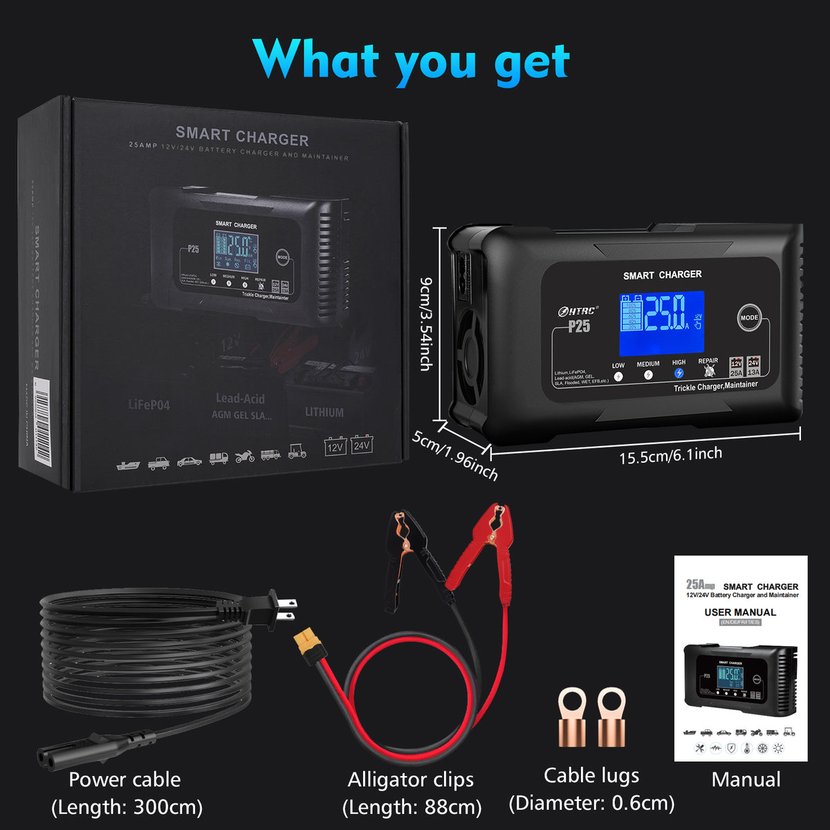 25 Amp Lithium Battery Charger, 12V And 24V Lifepo4,Lead-Acid(AGM/Gel/SLA) Battery Charger,Battery Maintainer, Trickle Charger, And Battery Desulfator