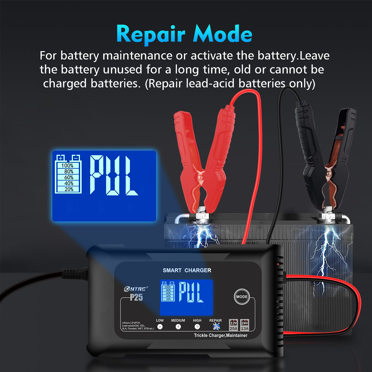 25 Amp Lithium Battery Charger, 12V And 24V Lifepo4,Lead-Acid(AGM/Gel/SLA) Battery Charger,Battery Maintainer, Trickle Charger, And Battery Desulfator