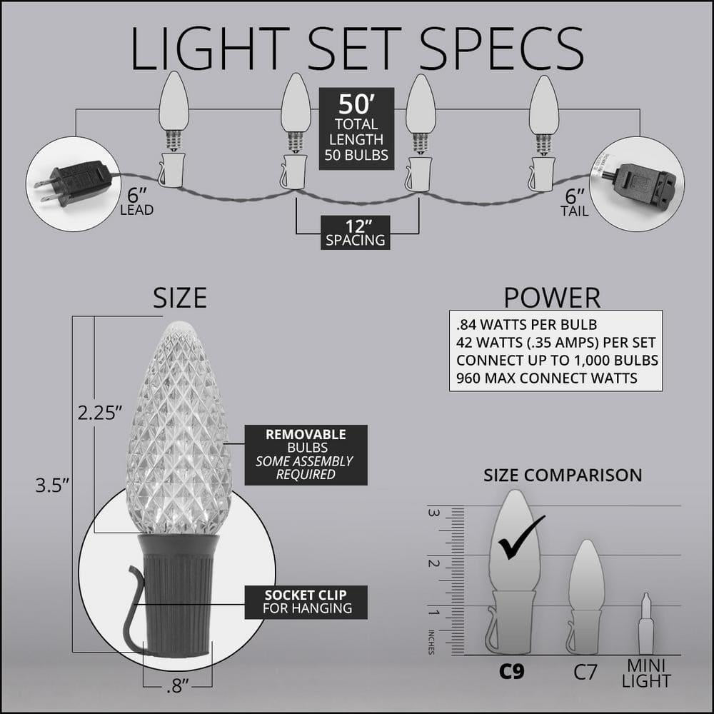 OptiCore 49 ft. 50-Light LED Red and Warm White Faceted C9 String Light Set