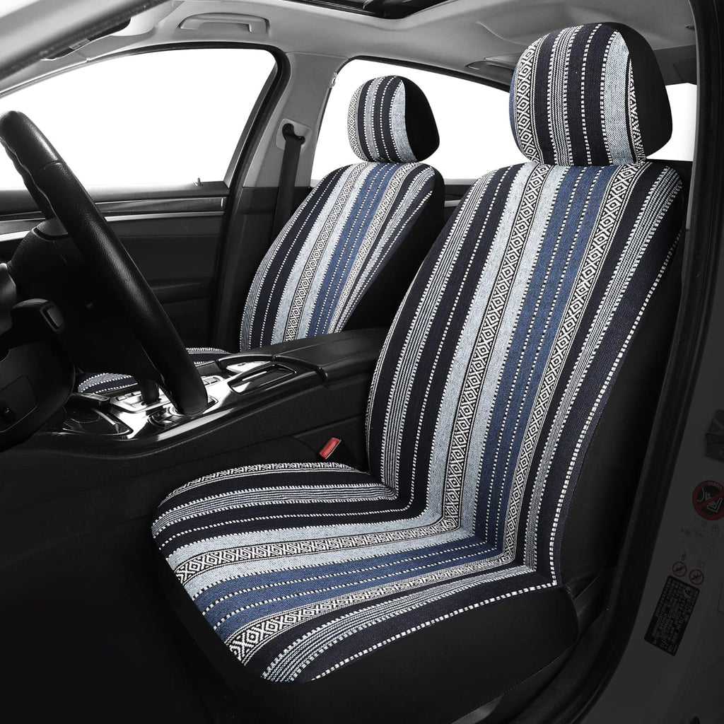 Pariitadin Baja Saddle Blanket Car Seat Covers Front Set with Seat Belt Pads, Washable Breathable Striped Woven Cloth Seat Covers for Cars, Universal Fit Most Cars, Airbag Compatible, Blue