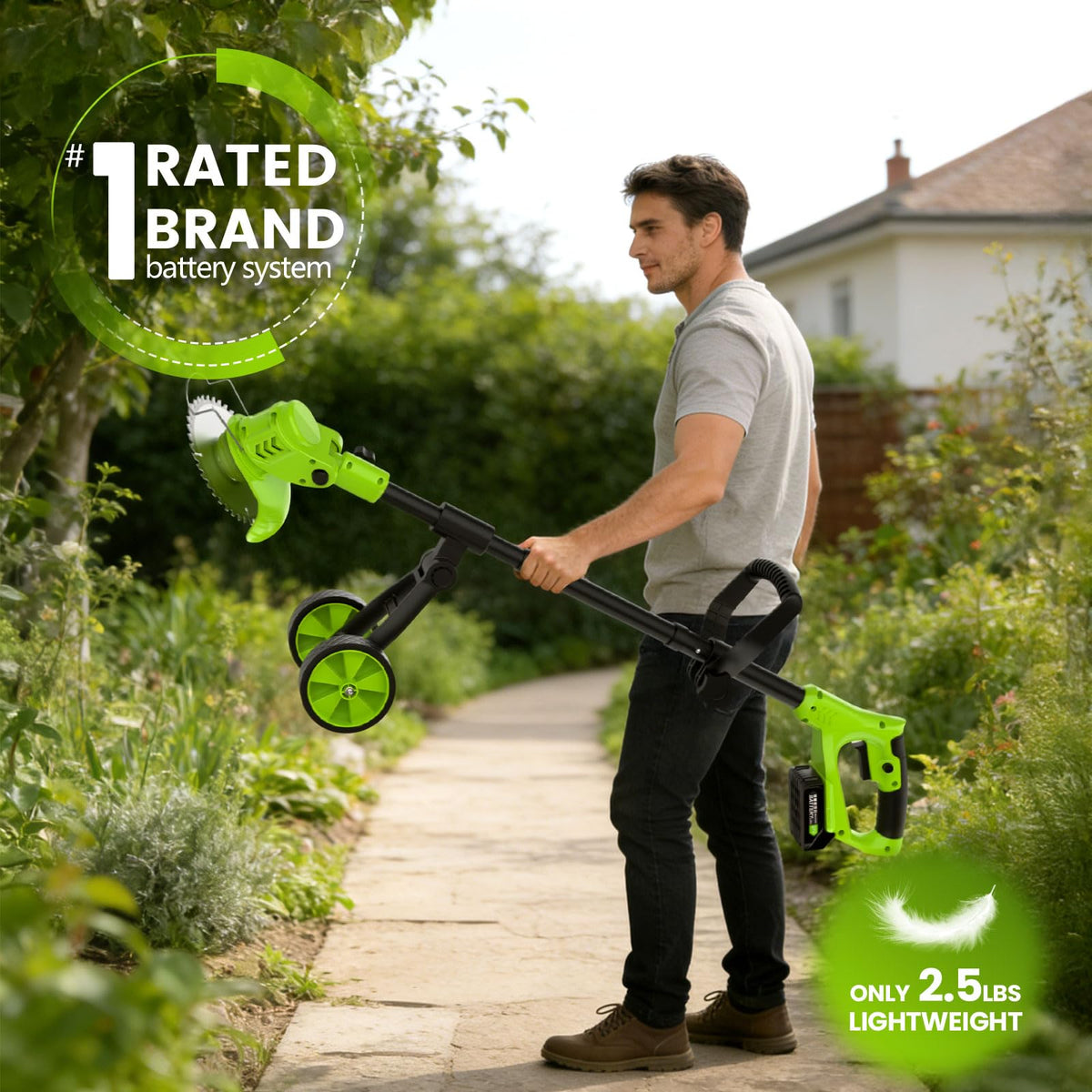 Weed Wacker Battery Powered with Wheel, Electric Weed Eater Cordless Brush Cutter String Trimmer, 4000mAh Stringless Weed Trimmer Lightweight Grass Trimmer Mower, 2 Battery and Charegr