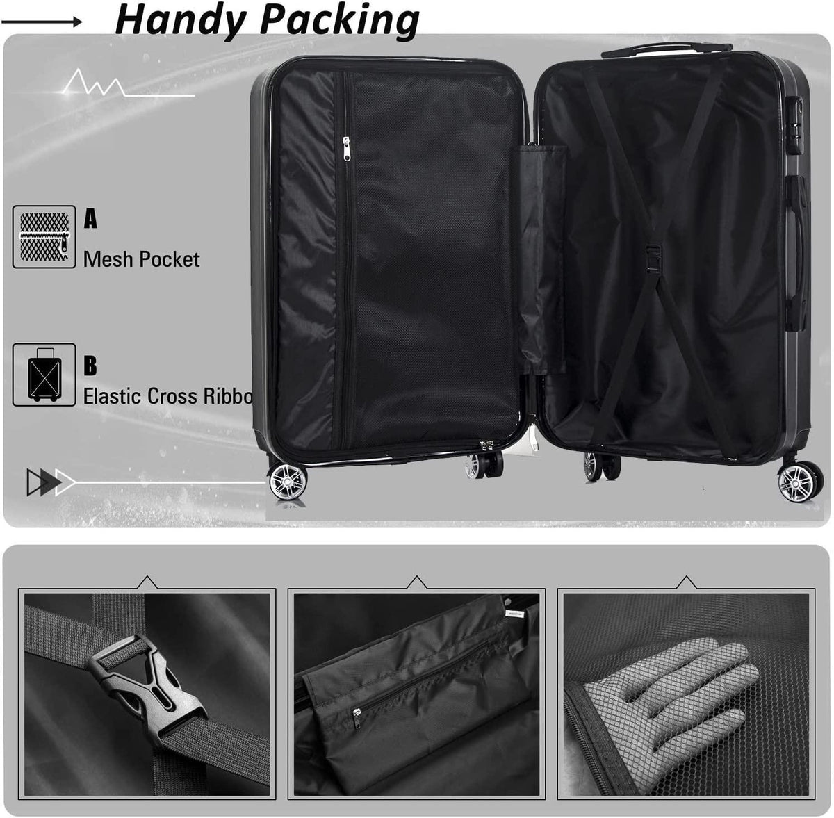 Luggage 3 Piece Set Carry on Suitcase PC+ABS Spinner Built-in TSA Lock, Silver, (20/24/28)