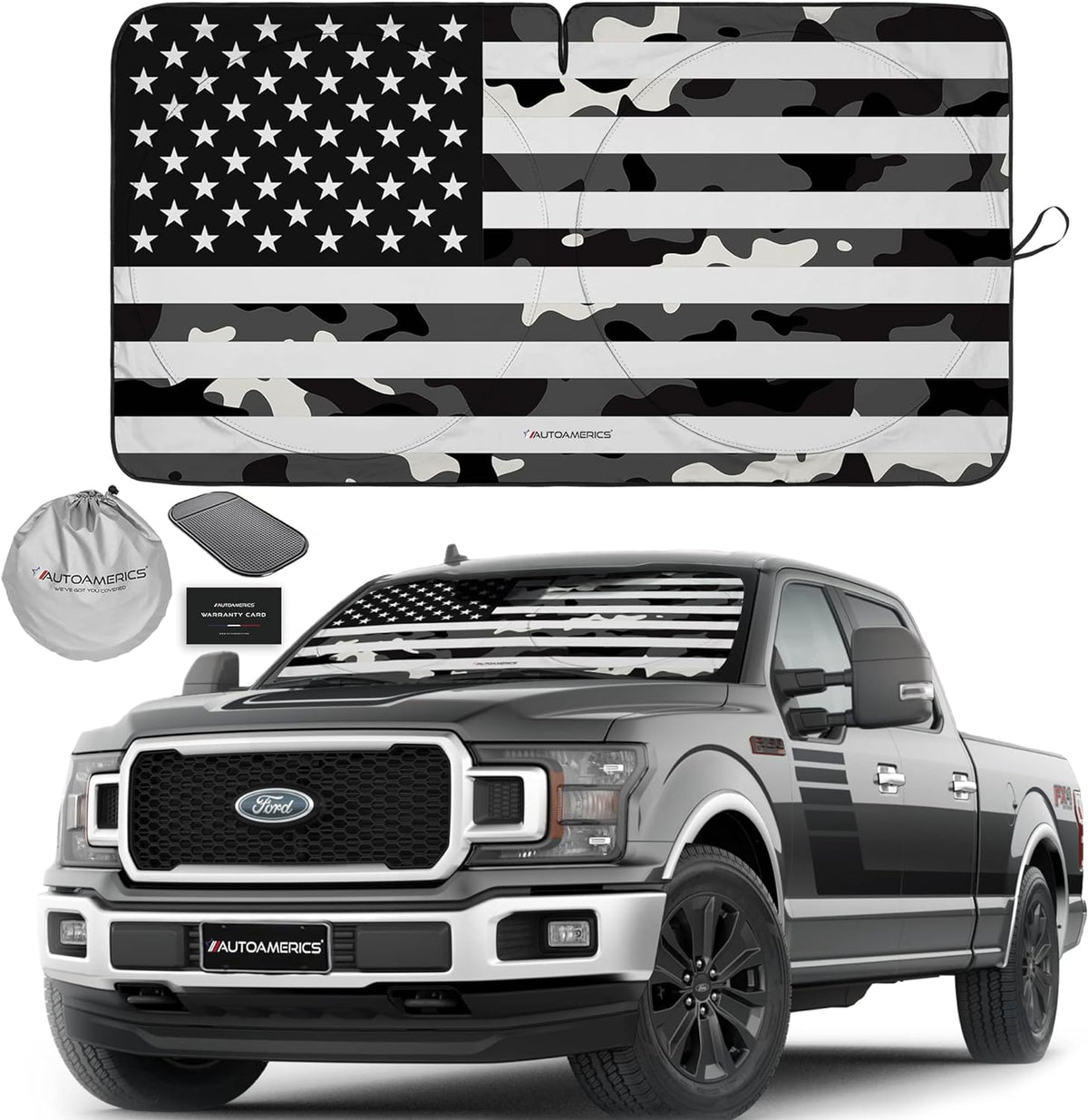 Autoamerics 1-Piece Windshield Sun Shade B&amp;W Camo American Flag USA  - Foldable Car Front Window Sunshade for Most Sedans SUV Truck - Blocks Max UV Rays and Keeps Your Vehicle Cool - X-Large