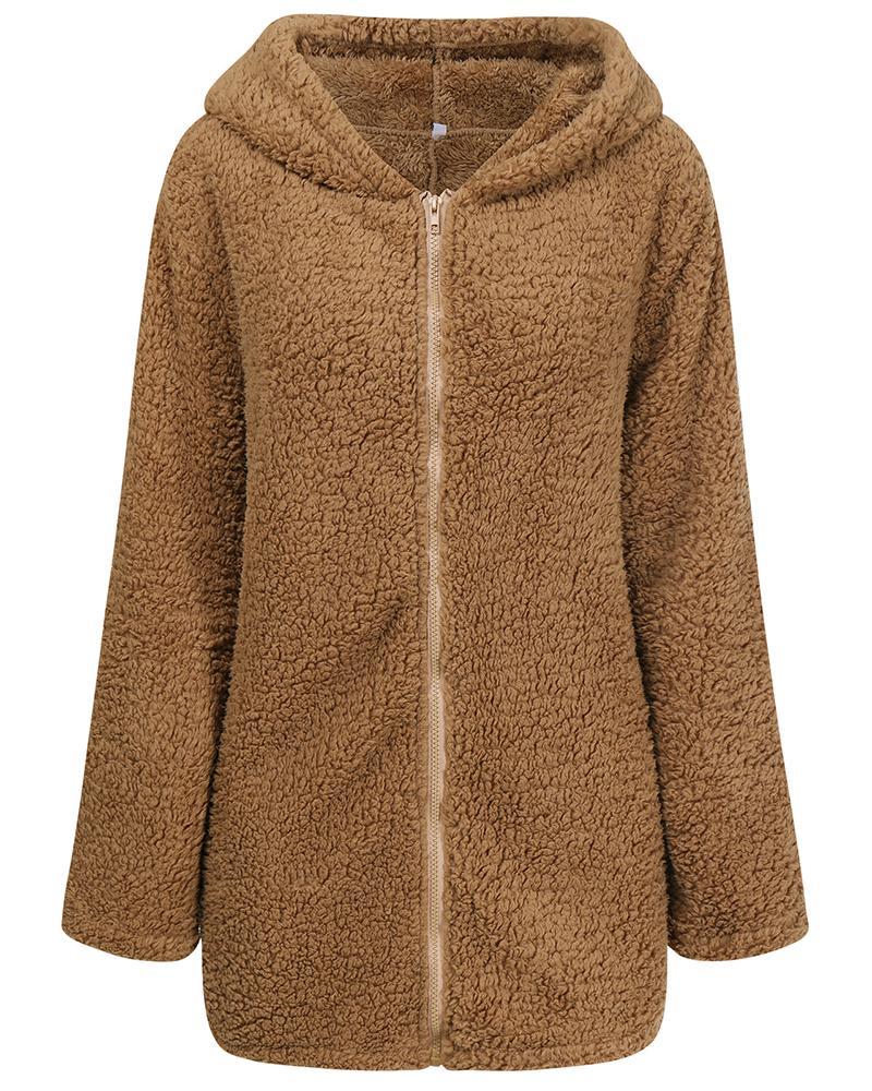 pocket zipper design long sleeve fluffy hooded coat