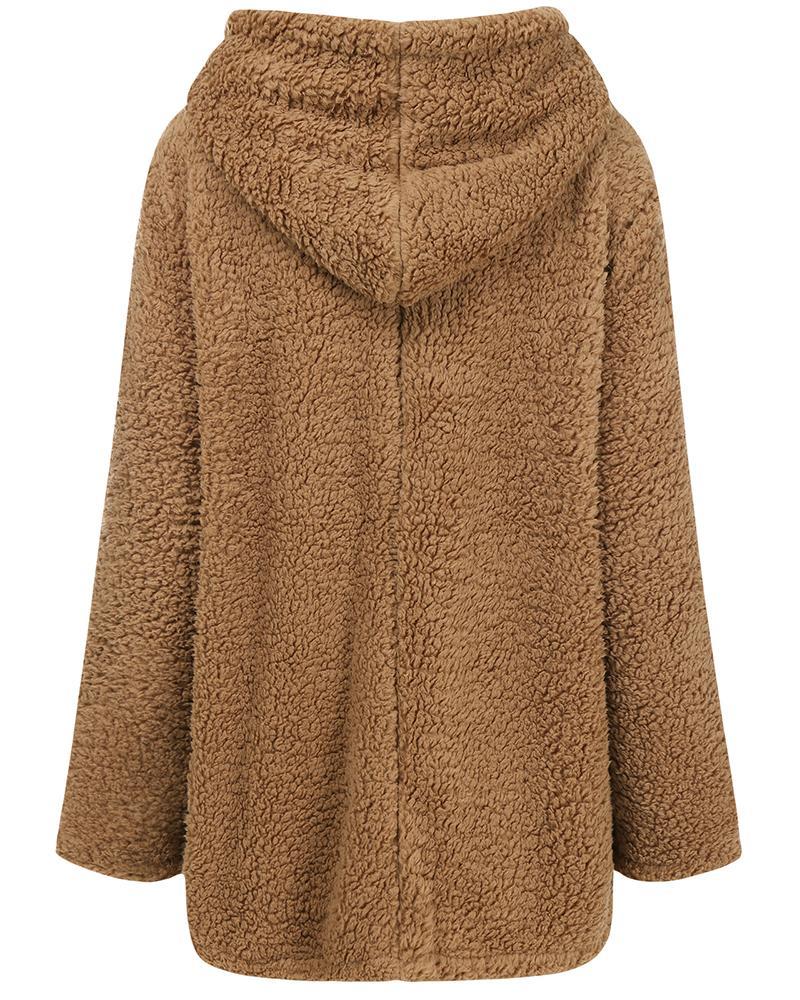pocket zipper design long sleeve fluffy hooded coat