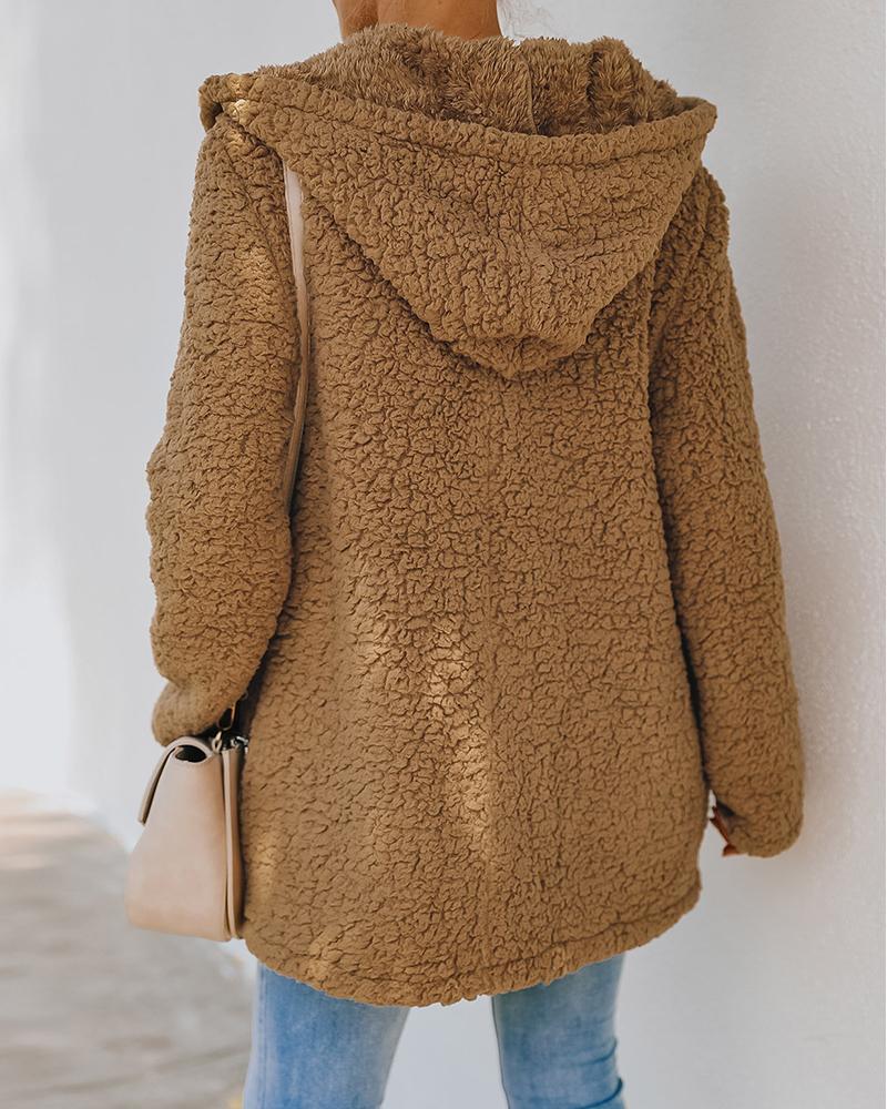 pocket zipper design long sleeve fluffy hooded coat