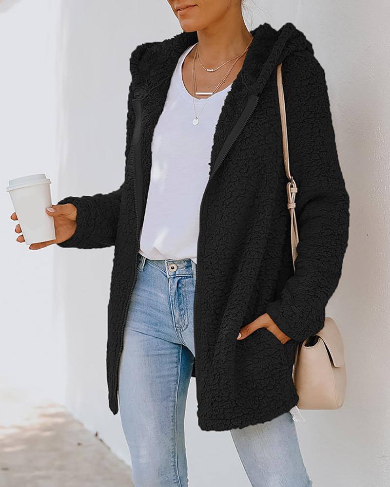 pocket zipper design long sleeve fluffy hooded coat