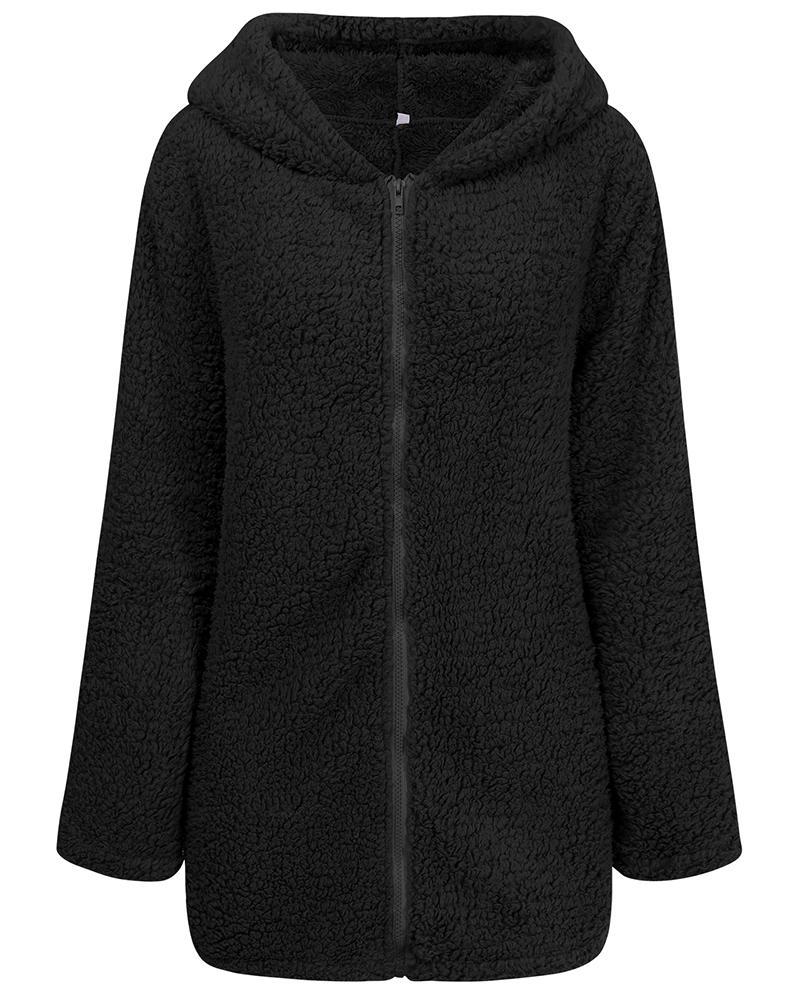 pocket zipper design long sleeve fluffy hooded coat