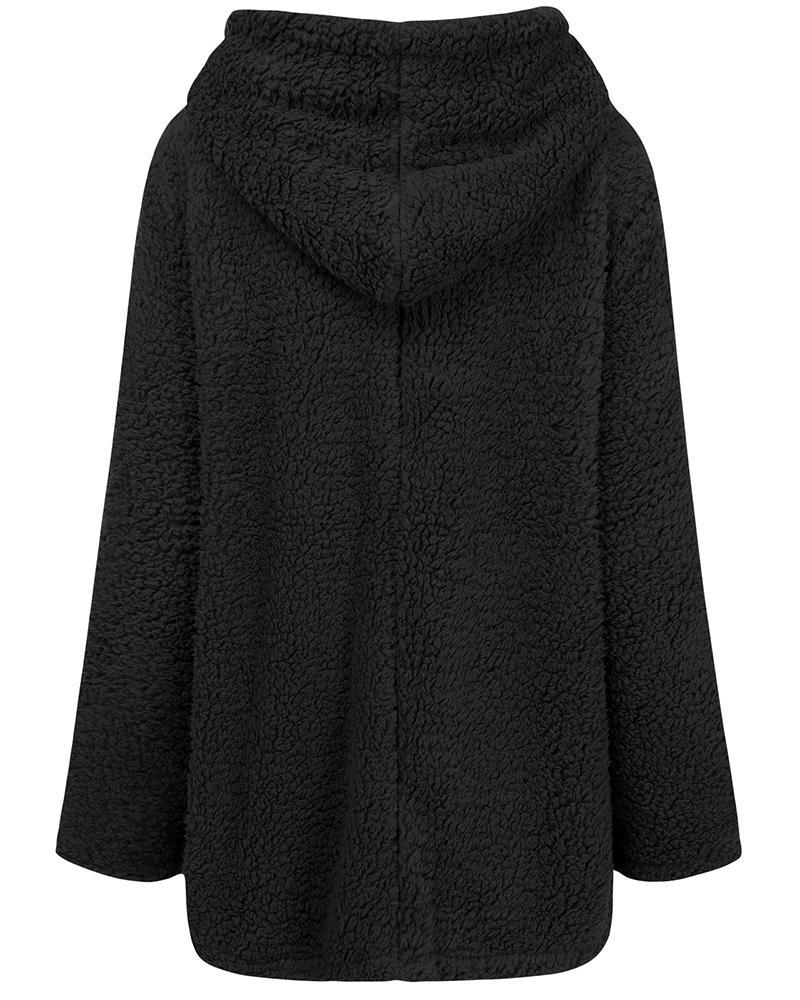 pocket zipper design long sleeve fluffy hooded coat