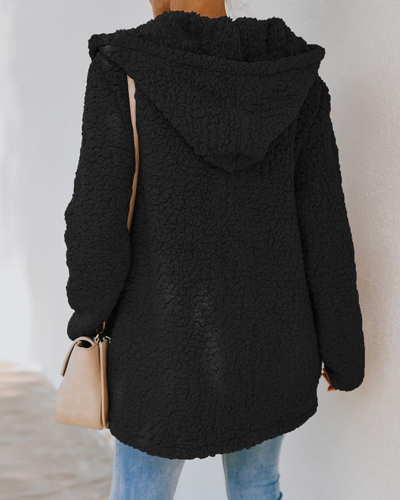 pocket zipper design long sleeve fluffy hooded coat