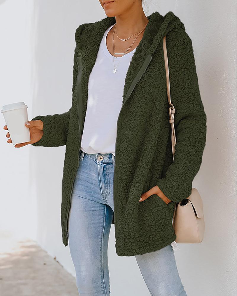pocket zipper design long sleeve fluffy hooded coat