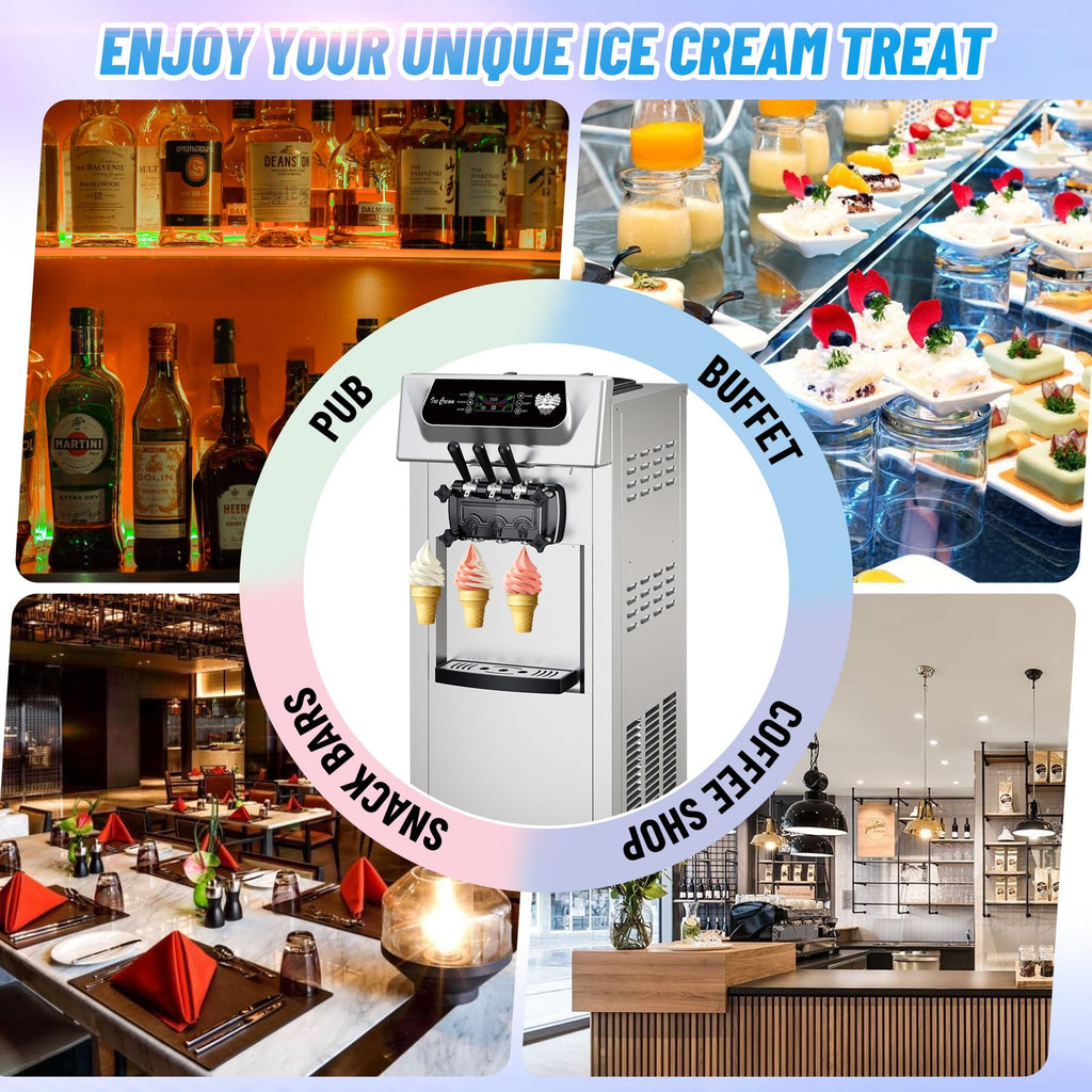 Commercial 2+1 Flavor Soft Ice Cream Machine, 5.8 to 8 gal Per Hour Soft Serve, 2200W  Steel Vertical Ice Cream Maker with Self-Cleaning, High Productivity, Perfect for Home and Snack Bar