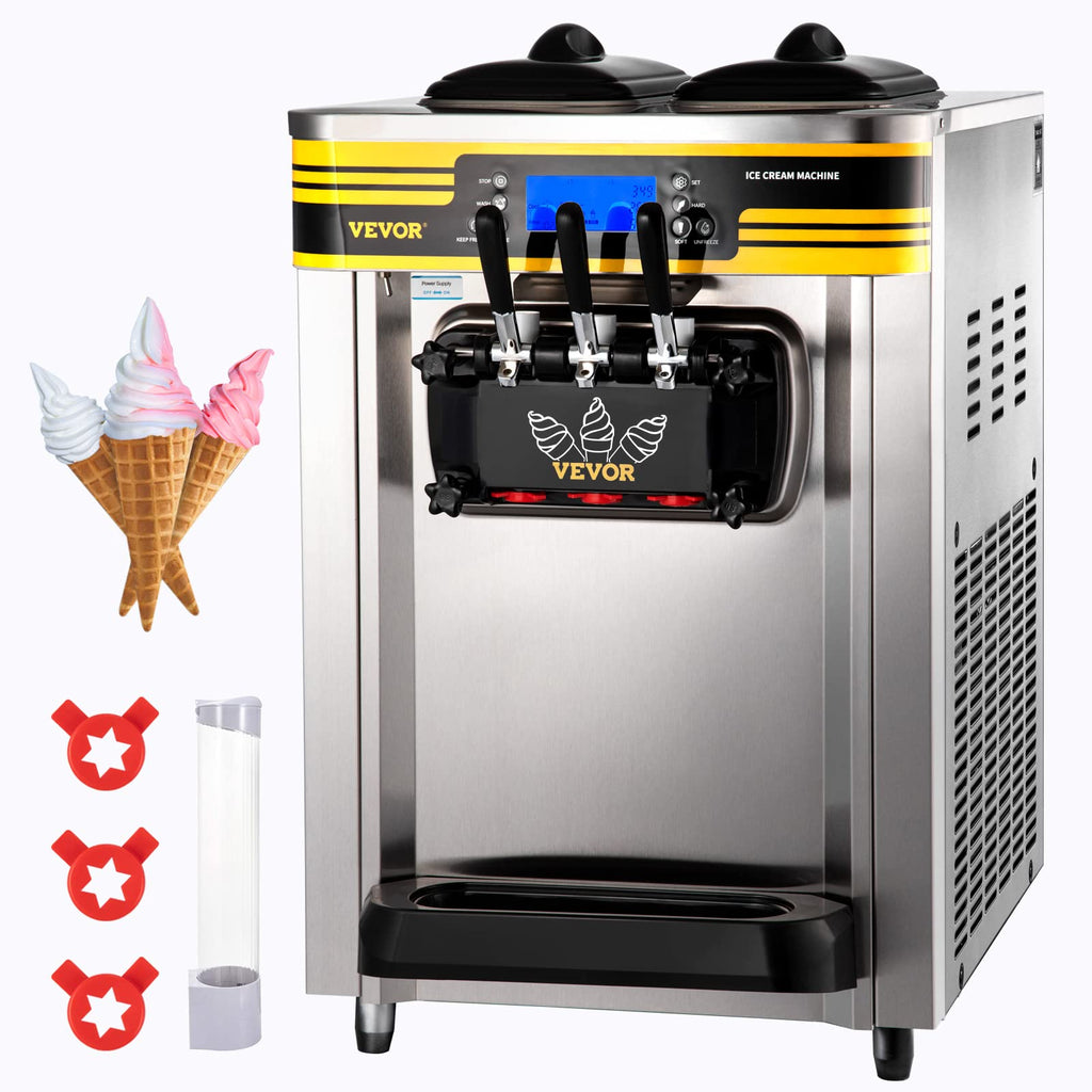 Commercial Ice Cream Maker, 22-30L/H Yield, Countertop Soft Serve Machine with 2x6L Hopper 2L Cylinder LCD Panel Puffing ShortaAlarm, Frozen Yogurt Maker for Restaurant Snack Bar