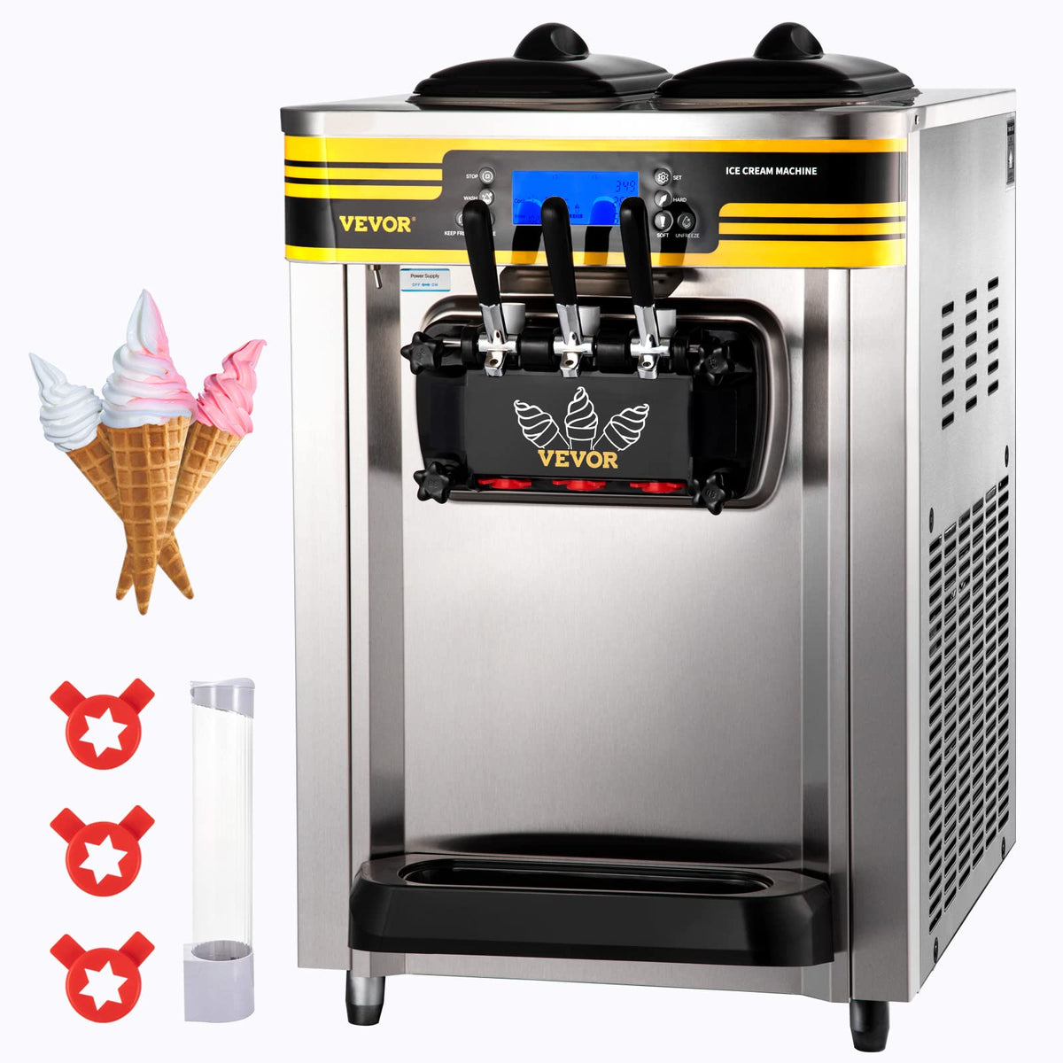 Commercial Ice Cream Maker, 22-30L/H Yield, Countertop Soft Serve Machine with 2x6L Hopper 2L Cylinder LCD Panel Puffing ShortaAlarm, Frozen Yogurt Maker for Restaurant Snack Bar