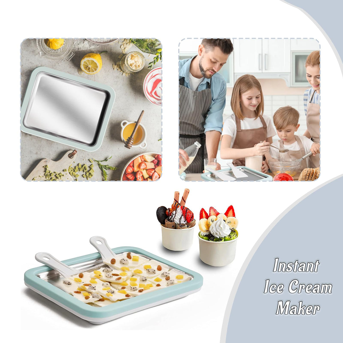 Rolled Ice Cream Maker  Ice Cream Maker with 2 Spatulas Frozen Yoghurt Plate Homemade DIY  Gelato Pan/Roll (Light Blue)