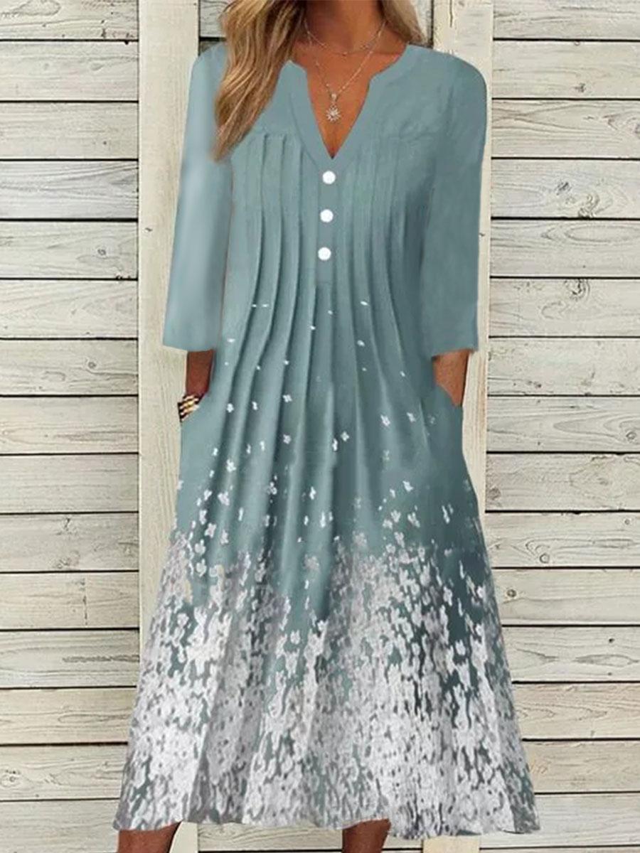 Flower Print V-neck Decorative Button Long-sleeved Maxi Dress