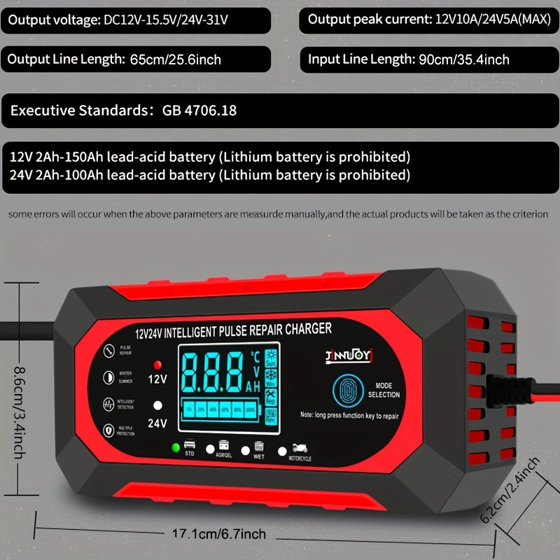 12V 10A 24V 5A Car Battery Charger Fully Automatic Smart Fast Charging For AGM GEL WET Lead Acid Battery Charger