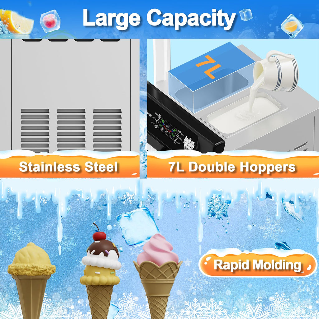 Commercial 2+1 Flavor Soft Ice Cream Machine, 5.8 to 8 gal Per Hour Soft Serve, 2200W  Steel Vertical Ice Cream Maker with Self-Cleaning, High Productivity, Perfect for Home and Snack Bar