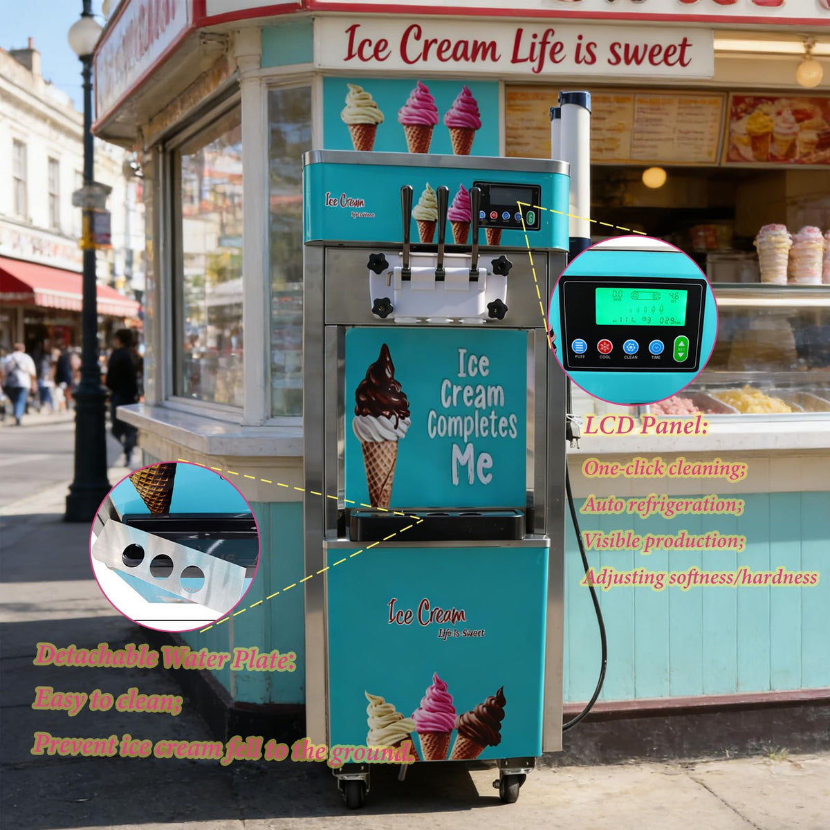 Commercial 3 Head Ice Cream Machine 20-30L/H Soft Serve Machine with Dual 6L Hoppers Automatic Cleaning Ice Cream Freezer for Shop Restaurant Cafe  Steel 1.8KW