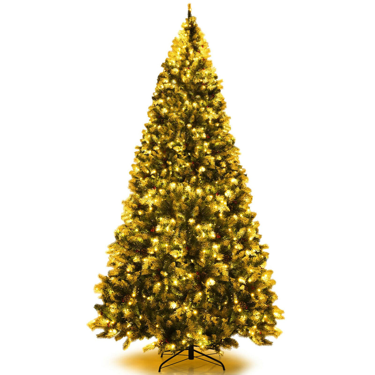 9' Pre-lit Snowy Christmas Tree 2058 Tips w/ Pine Cones &amp; Red Berries