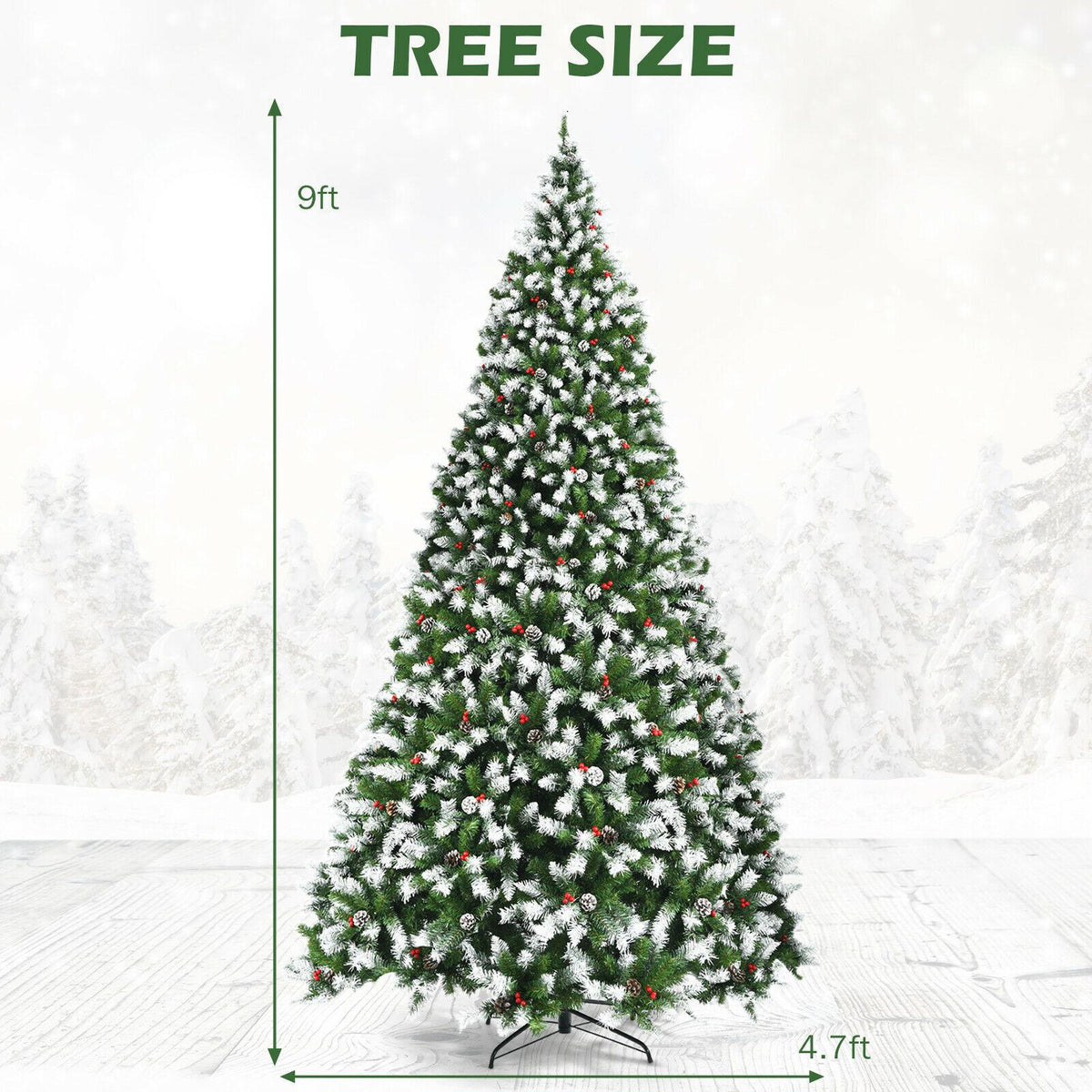 9' Pre-lit Snowy Christmas Tree 2058 Tips w/ Pine Cones &amp; Red Berries
