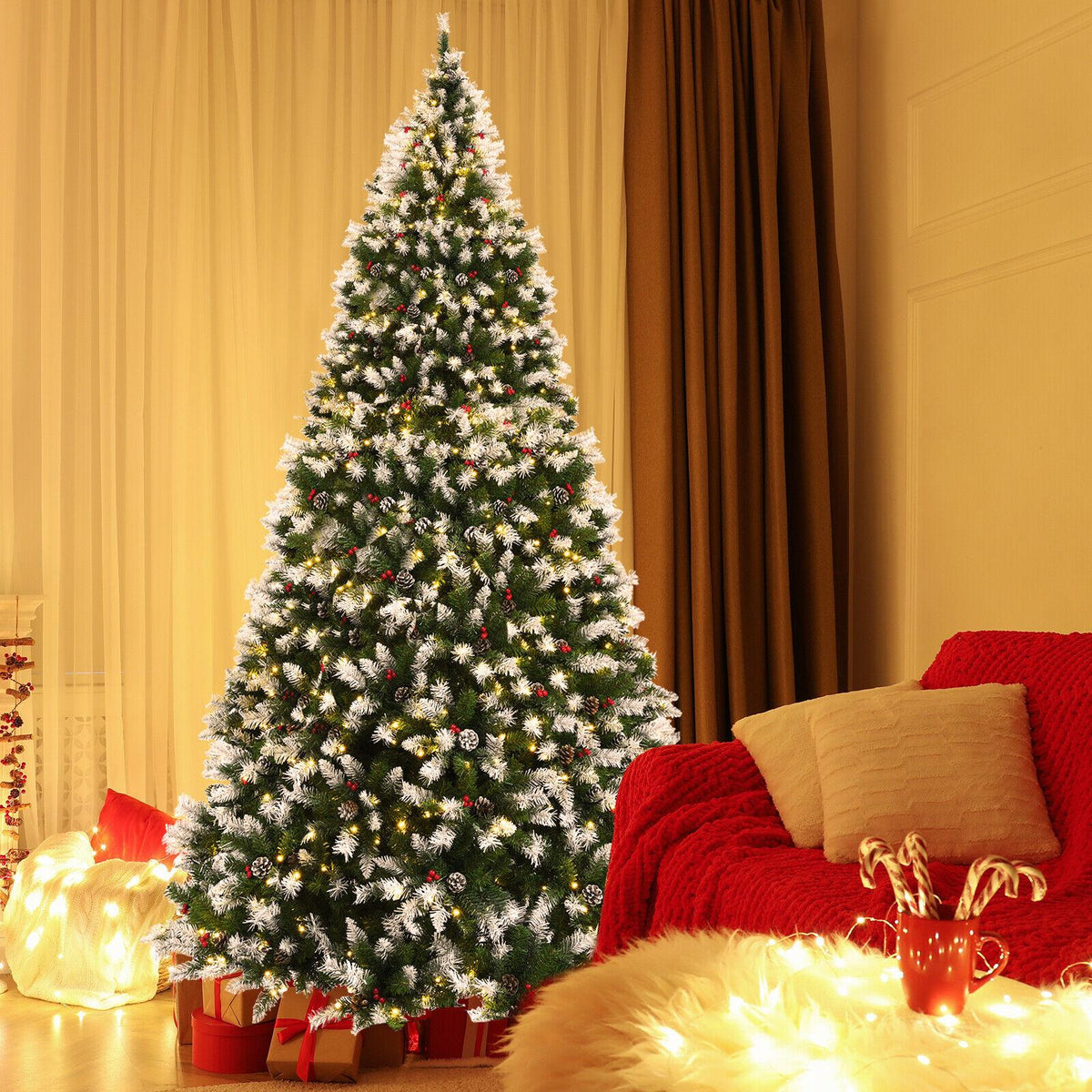 9' Pre-lit Snowy Christmas Tree 2058 Tips w/ Pine Cones &amp; Red Berries