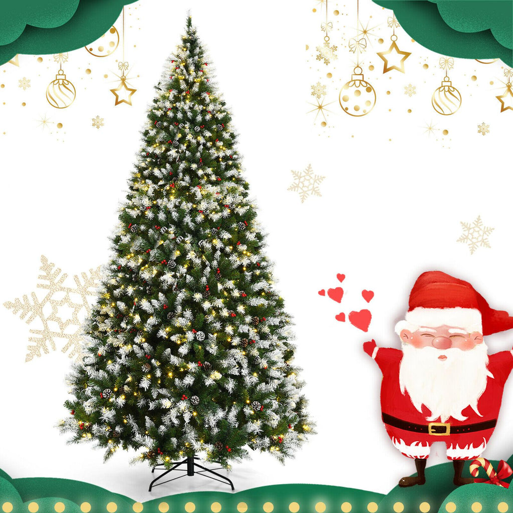 9' Pre-lit Snowy Christmas Tree 2058 Tips w/ Pine Cones &amp; Red Berries