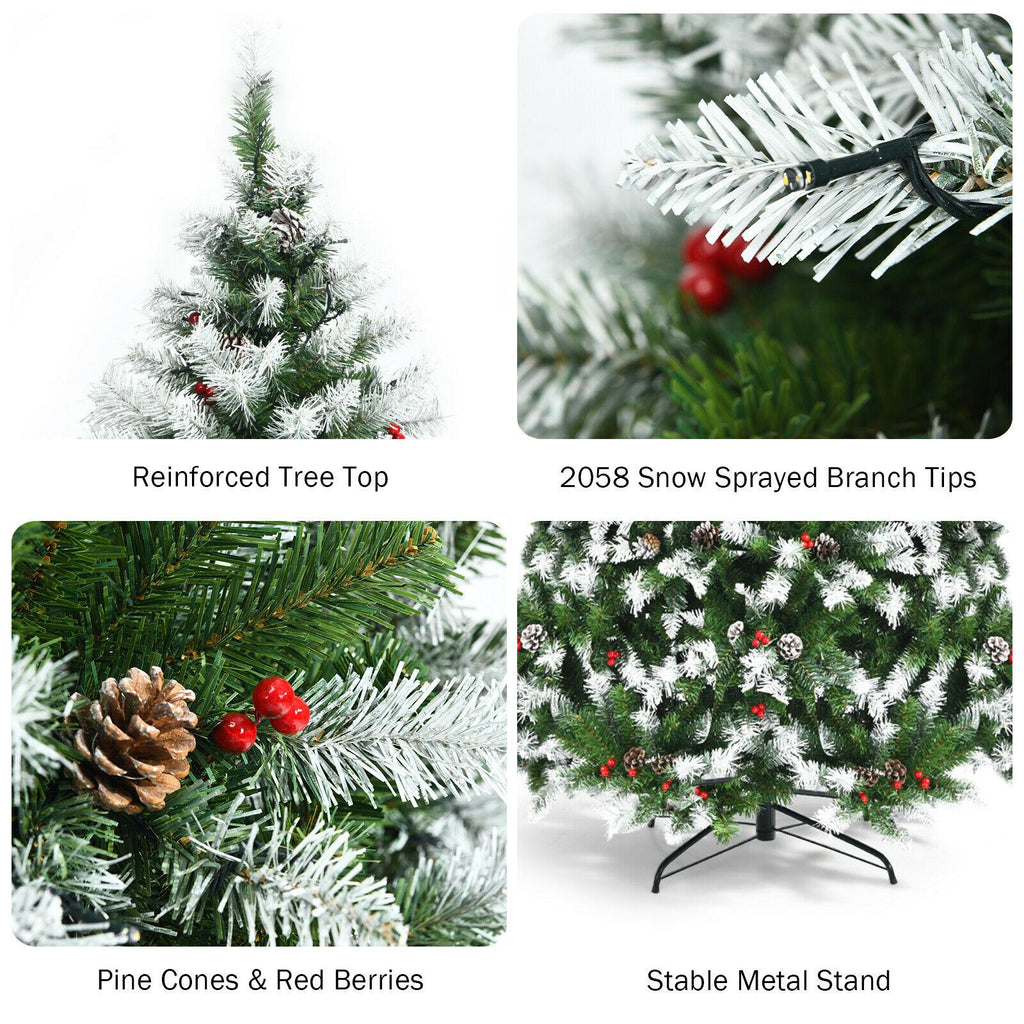 9' Pre-lit Snowy Christmas Tree 2058 Tips w/ Pine Cones &amp; Red Berries