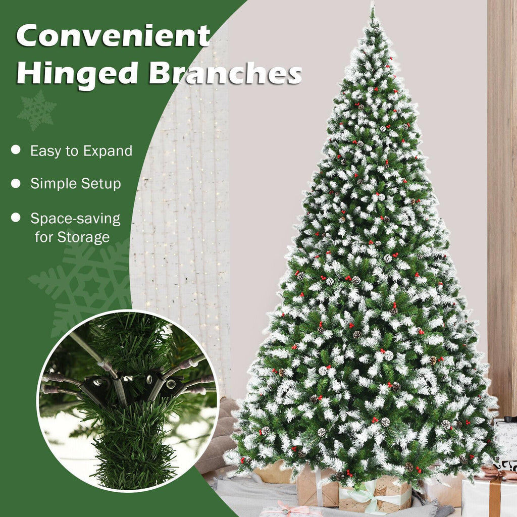 9' Pre-lit Snowy Christmas Tree 2058 Tips w/ Pine Cones &amp; Red Berries