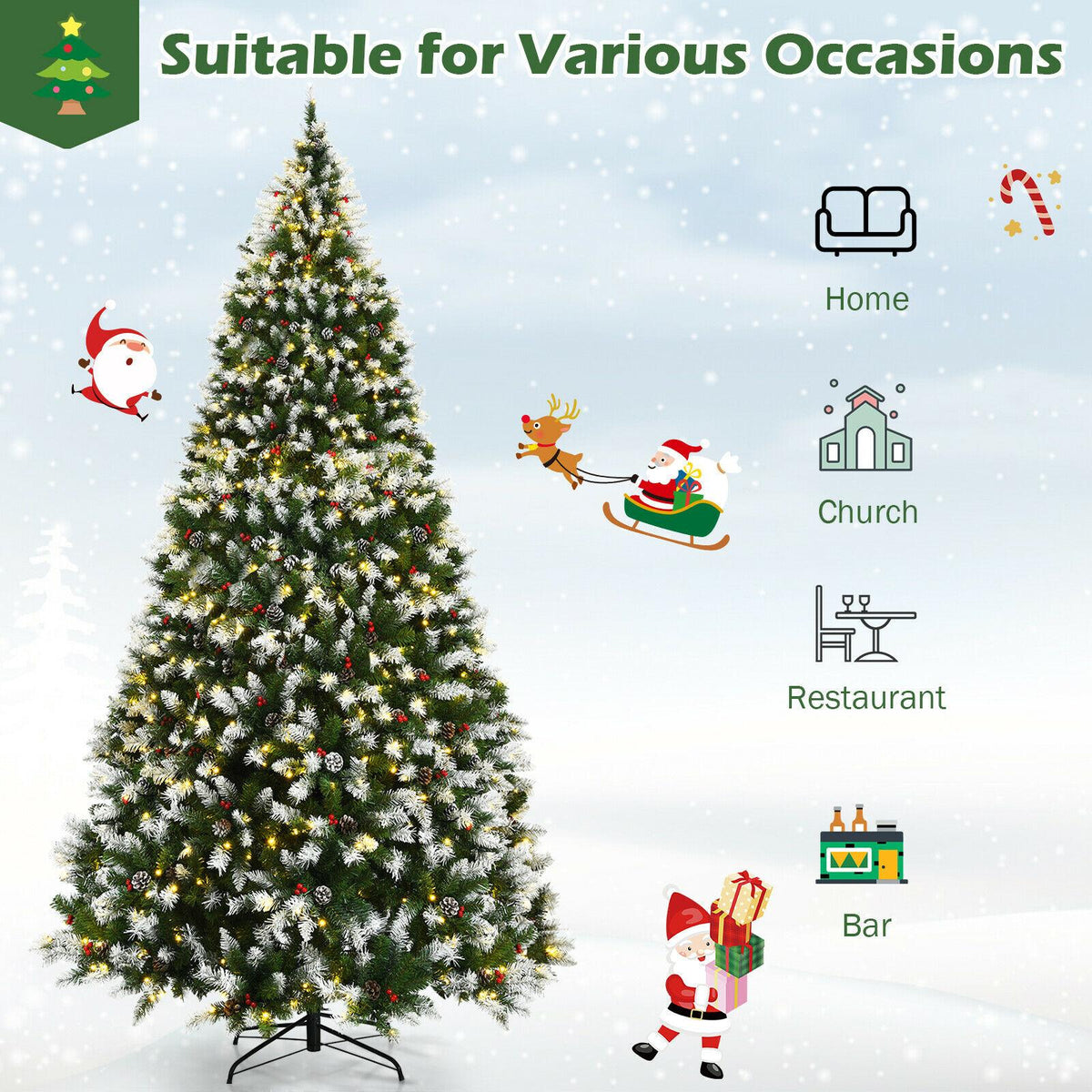 9' Pre-lit Snowy Christmas Tree 2058 Tips w/ Pine Cones &amp; Red Berries